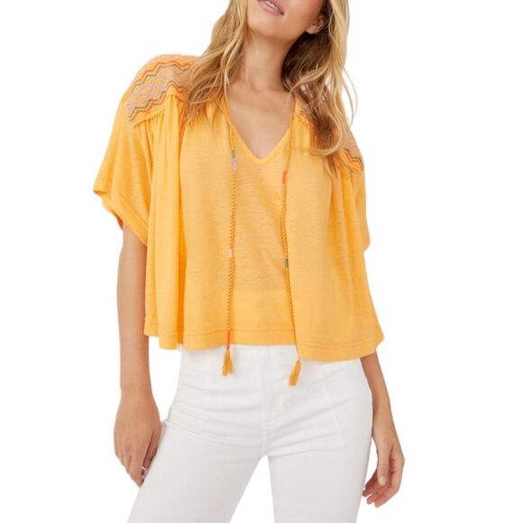 Free People Women’s Market Embroidered V-Neck Top Orange, Size M, NWT - Picture 3 of 13